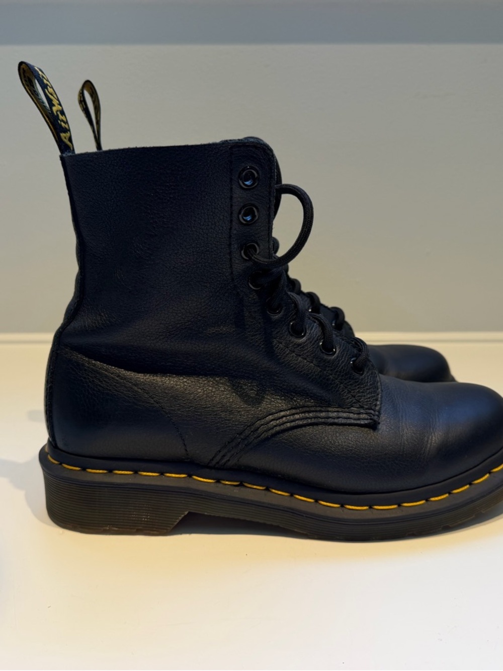 Dr. Martens Inspired Black Leather Combat Boot with Yellow Stitching - Picture 10 of 12